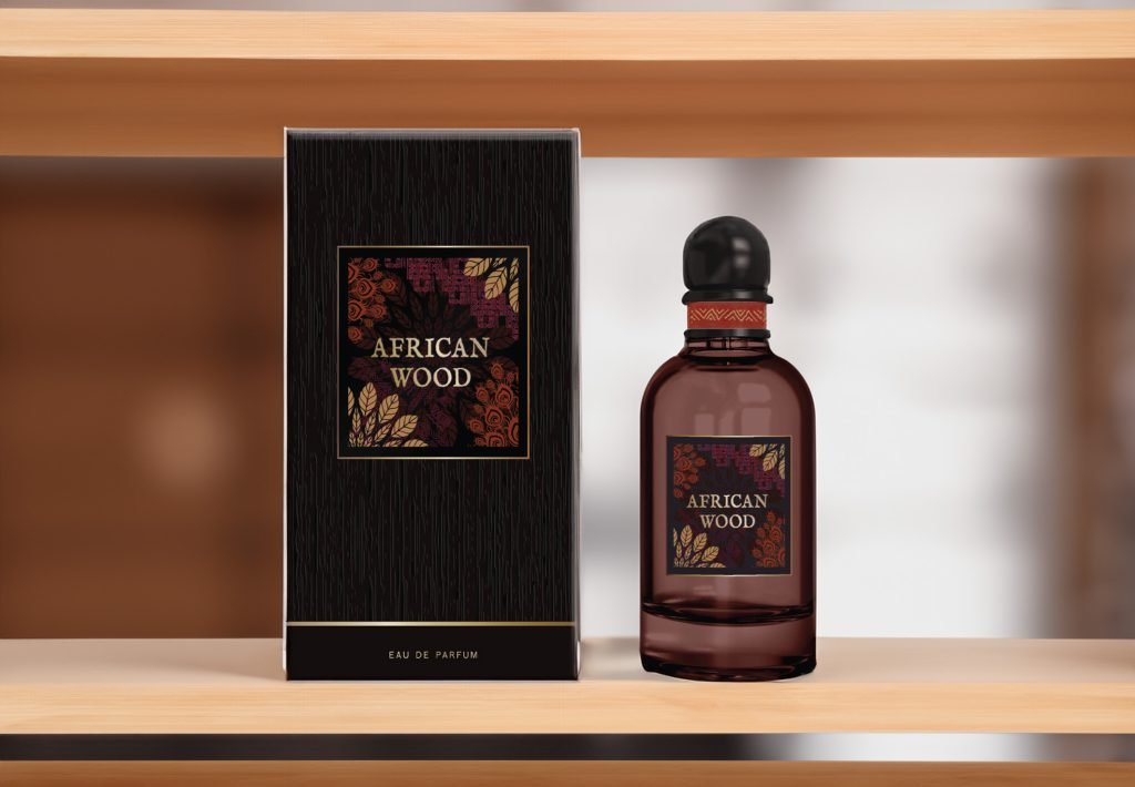 African Wood perfume on a wooden platform front view with box to the side