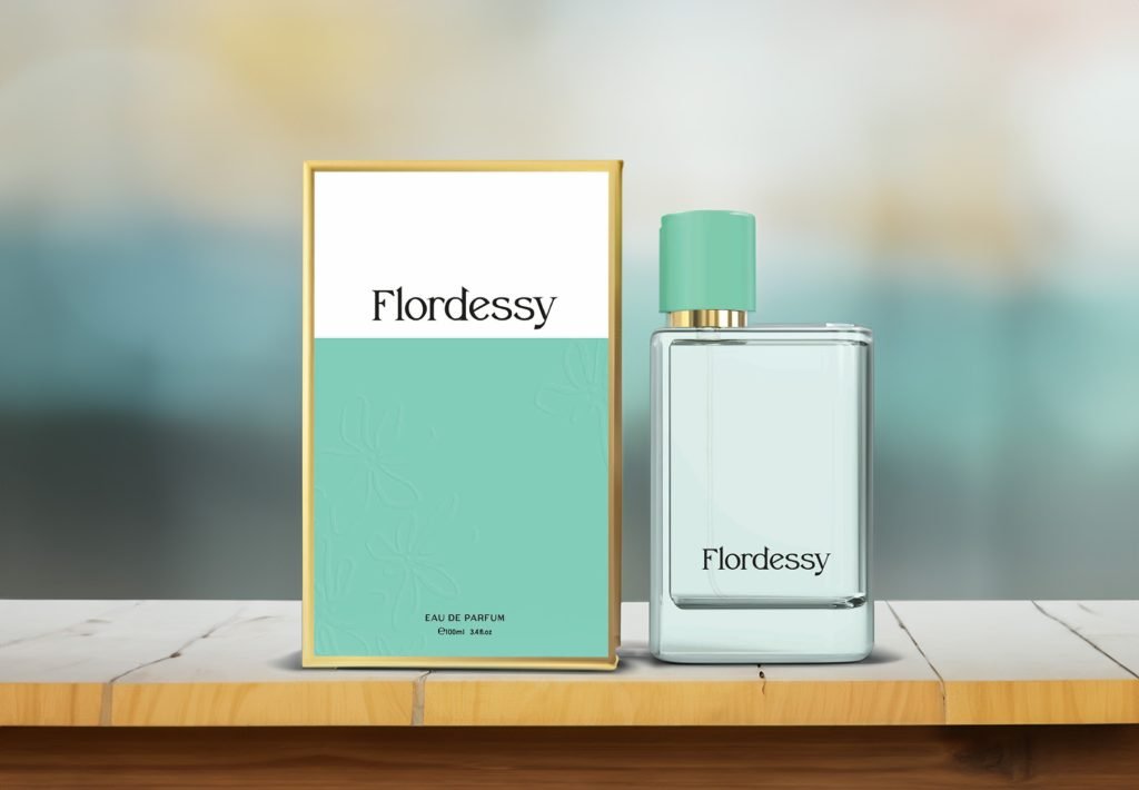 Flordessy eau de parfum 100ml from signature by cybele with box to the side on a wooden platform