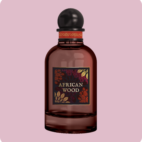 african wood perfume 100ml from signature by cybele on a pink background