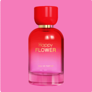 happy flower perfume bottle 100ml eau de parfum front view on pink background