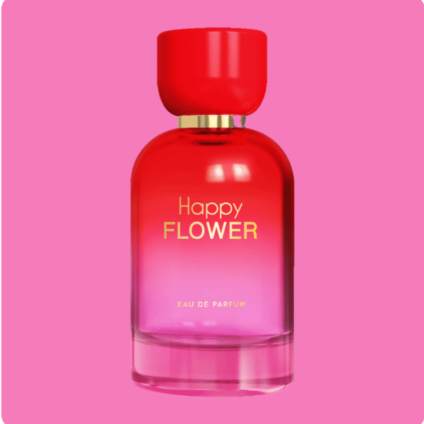 happy flower perfume bottle 100ml eau de parfum front view on pink background