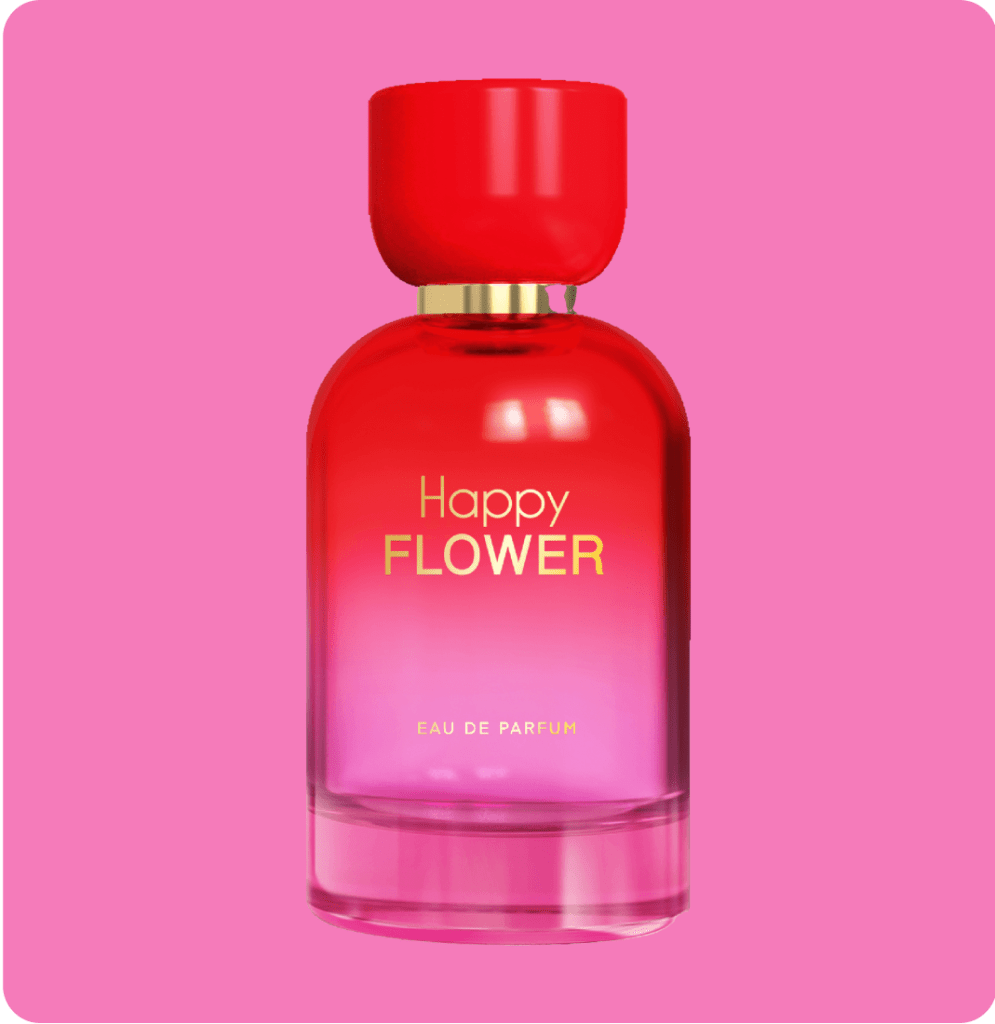 happy flower perfume bottle 100ml eau de parfum front view on pink background