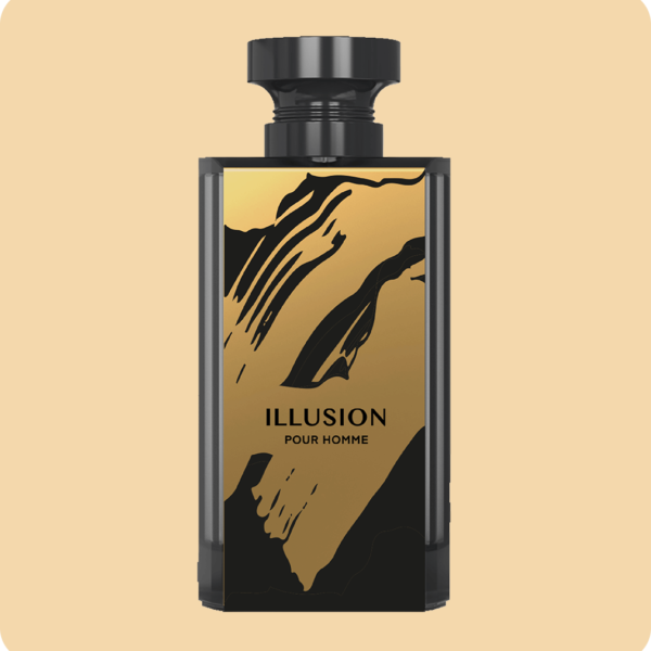 Illusion Pour Homme 100ml front view bottle from signature by cybele on a gold background