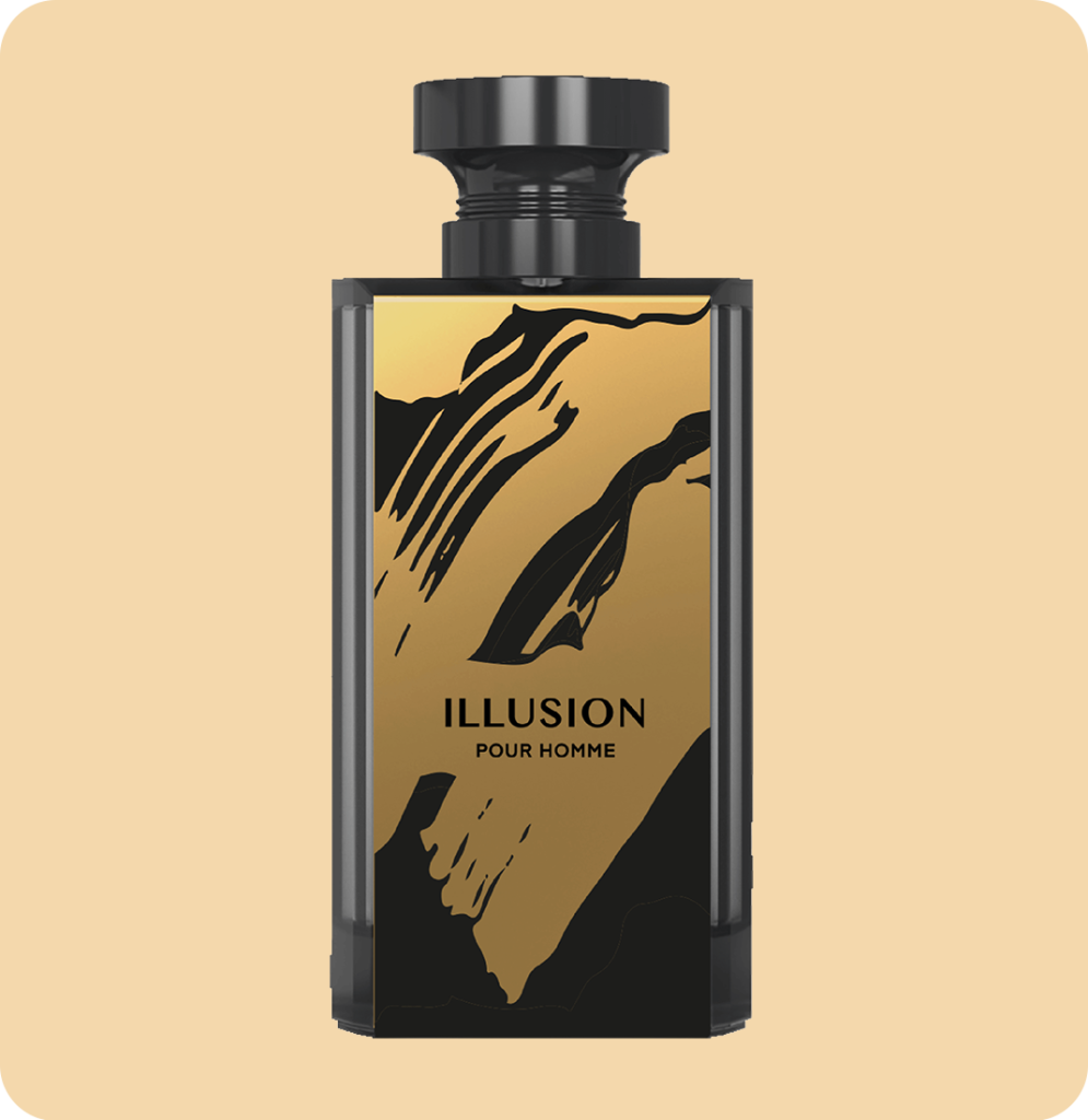 Illusion Pour Homme 100ml front view bottle from signature by cybele on a gold background