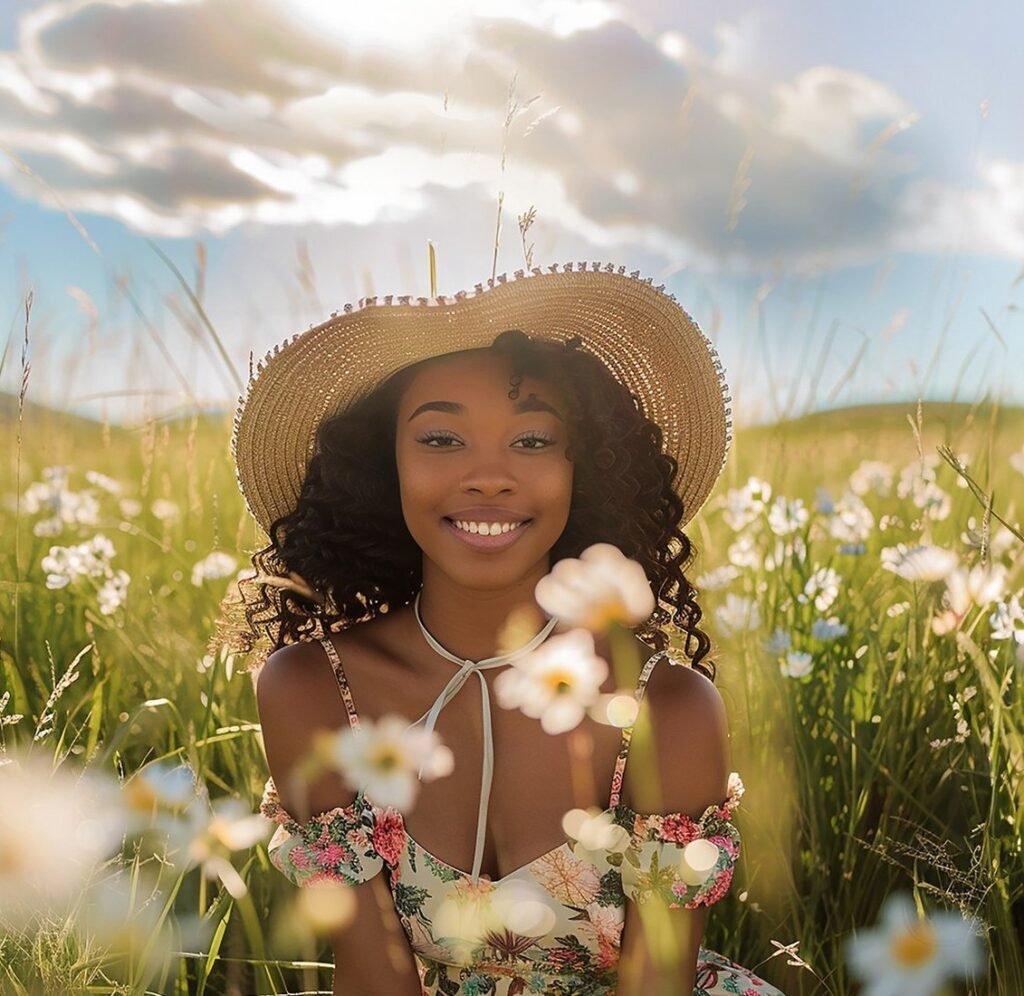 african lady in a field of daisies, the model for the perfume flordessy from signature by cybele