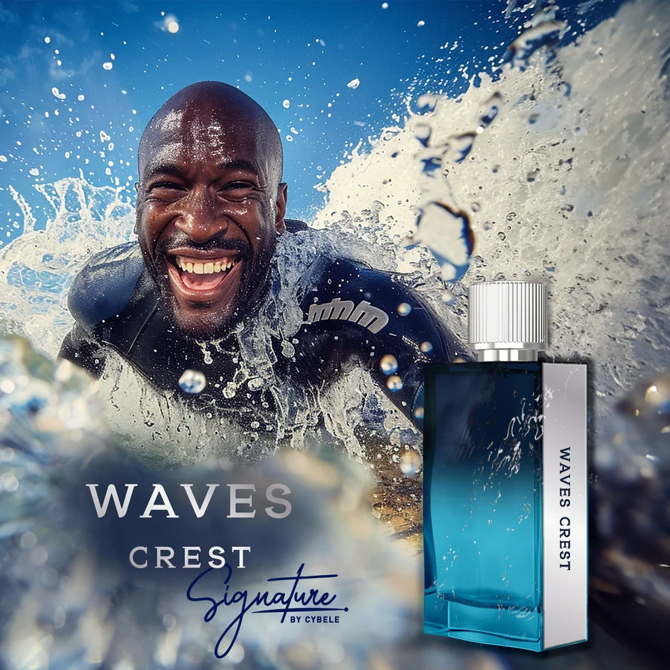 waves crest perfume ad from signature by cybele showing a man happily enjoying the waves breaking over him