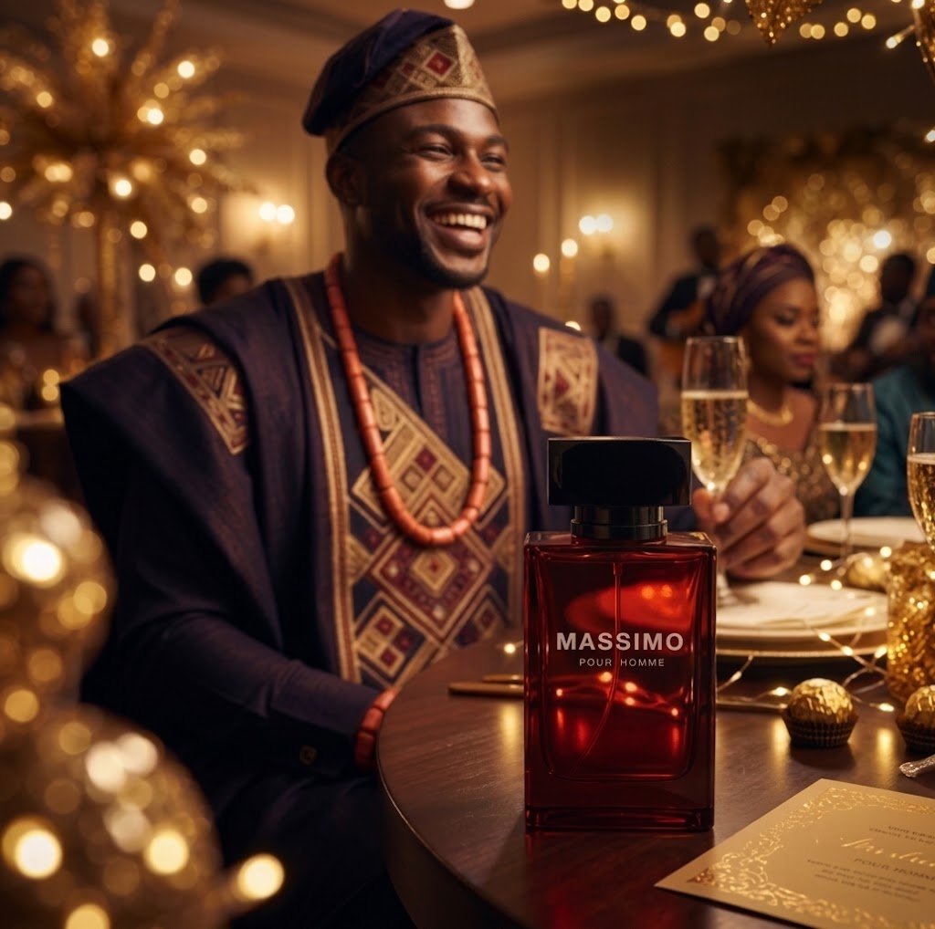 african man at an event with massimo perfume showing